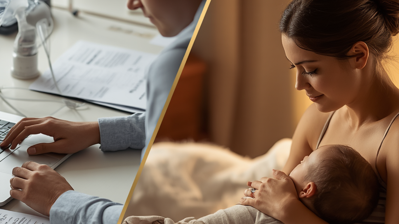 split image of woman working on computer and the woman cuddling her child