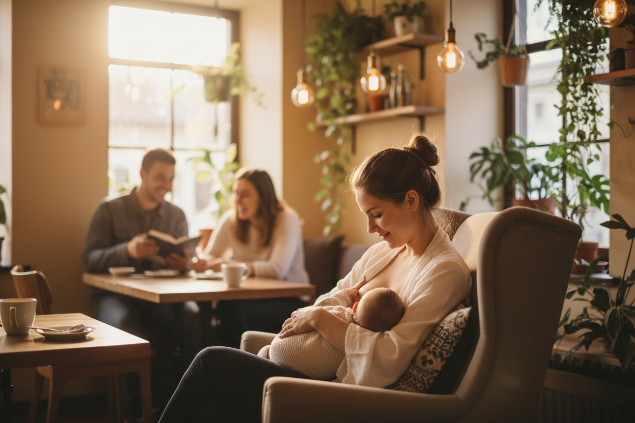 woman breastfeeding in a cafe