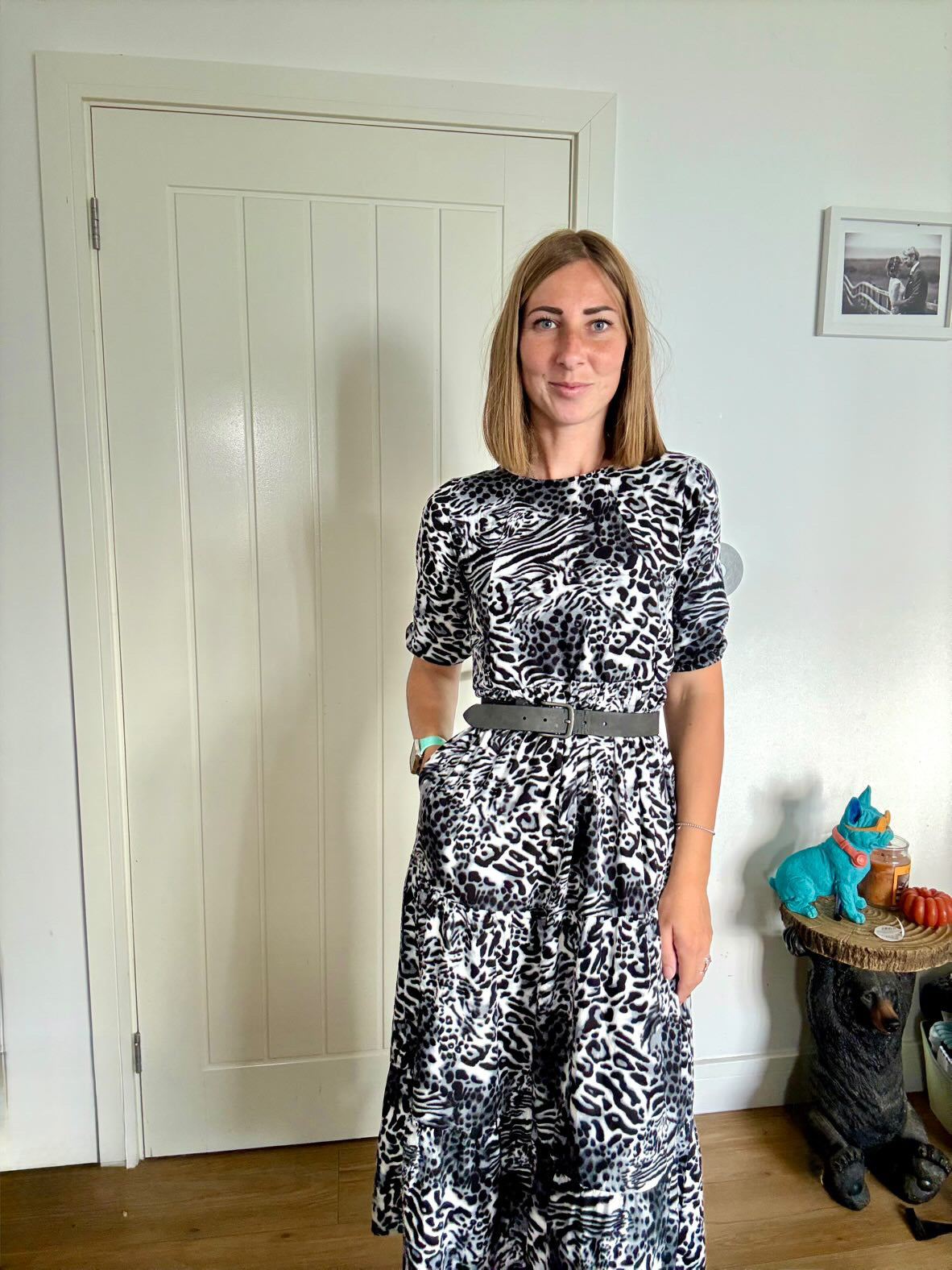 Midi Breastfeeding Dress - Grey Leopard Cotton