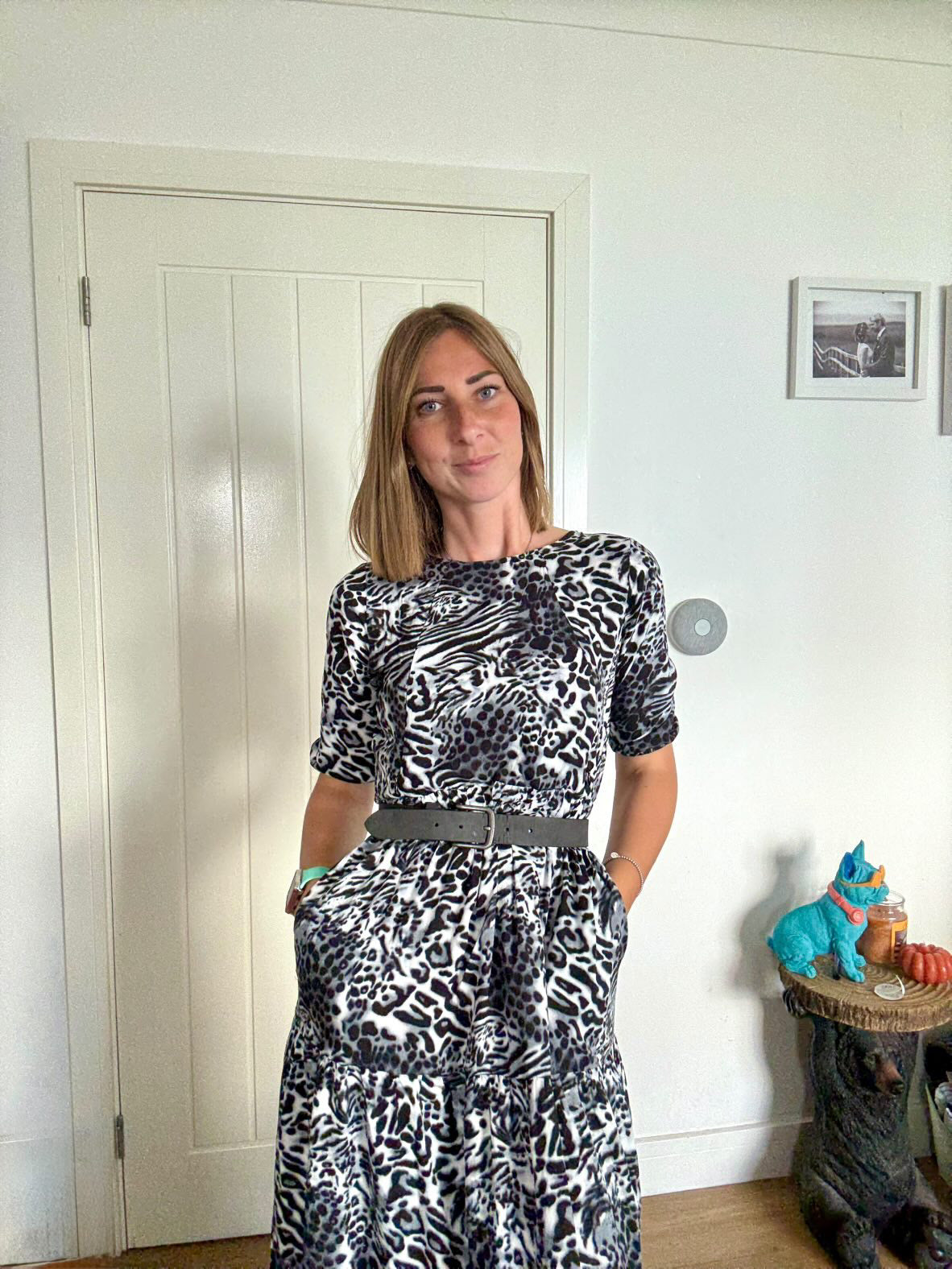 Midi Breastfeeding Dress - Grey Leopard Cotton