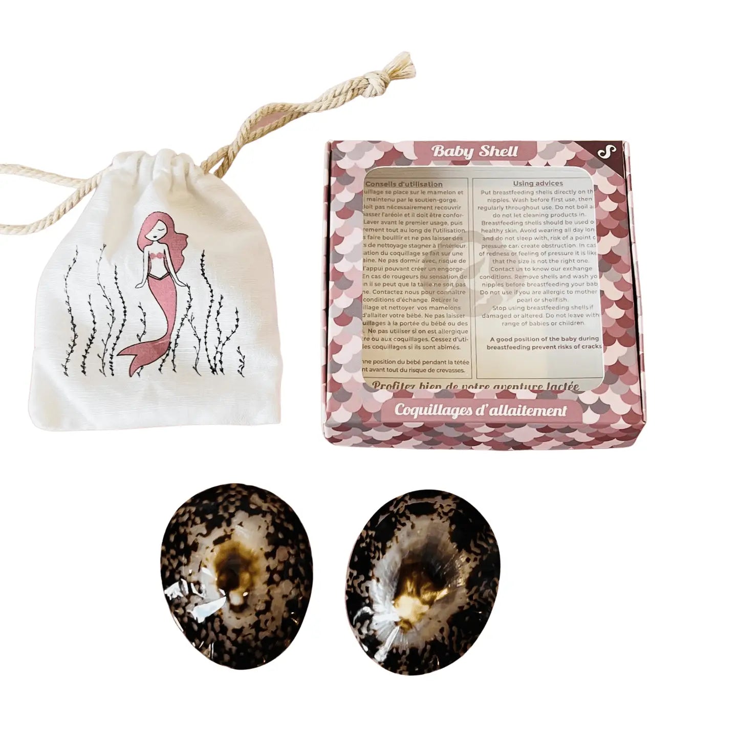 Two shells with a pink packaging box and drawstring bag on a white background