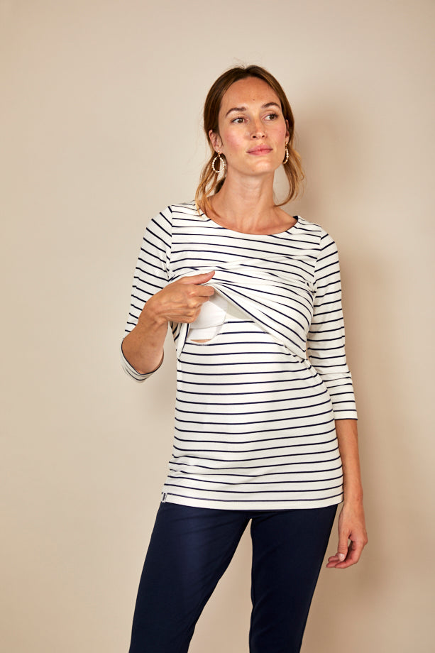 Nursing 3/4th Sleeve T-shirt - White/Navy Stripes
