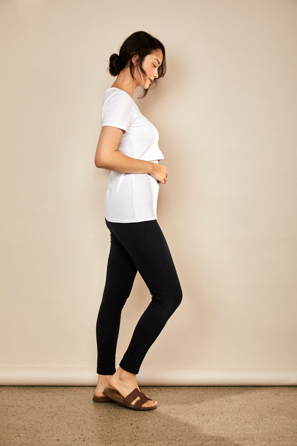White Black Spots Nursing Dress — model wearing, Bshirt spot print breastfeeding dress | Latchette