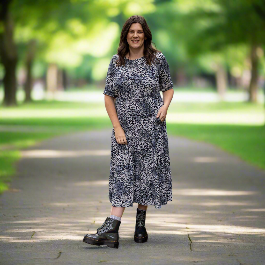 Midi Breastfeeding Dress - Grey Leopard Cotton