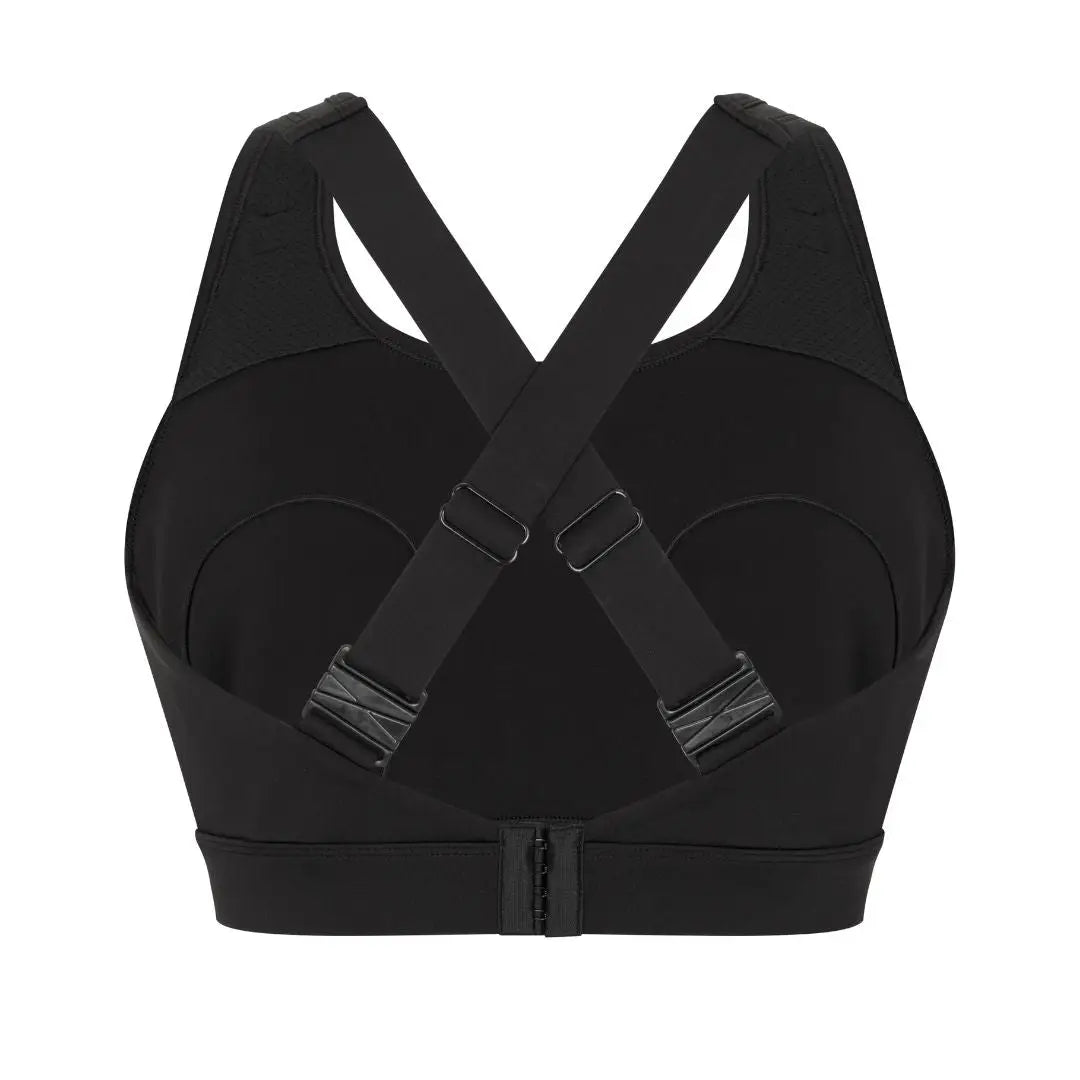 Black sports bra with adjustable straps on a white background