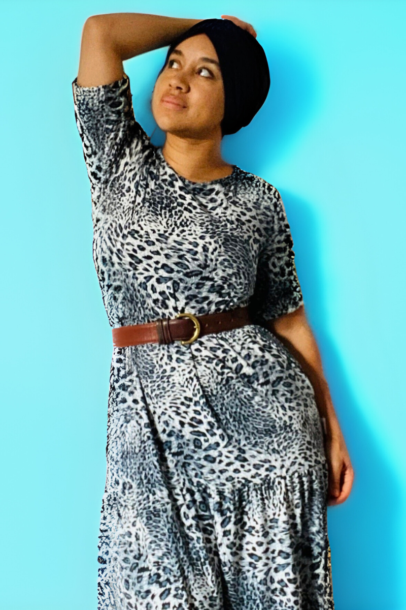 Midi Breastfeeding Dress - Grey Leopard Cotton