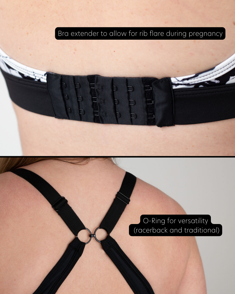 Pregnancy support bra with extender and O-ring design on a neutral background