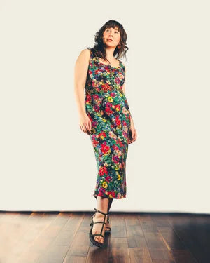 Dali Midi Dress vintage floral — postpartum model wearing, versatile nursing midi dress | Nomadic Mother | Latchette