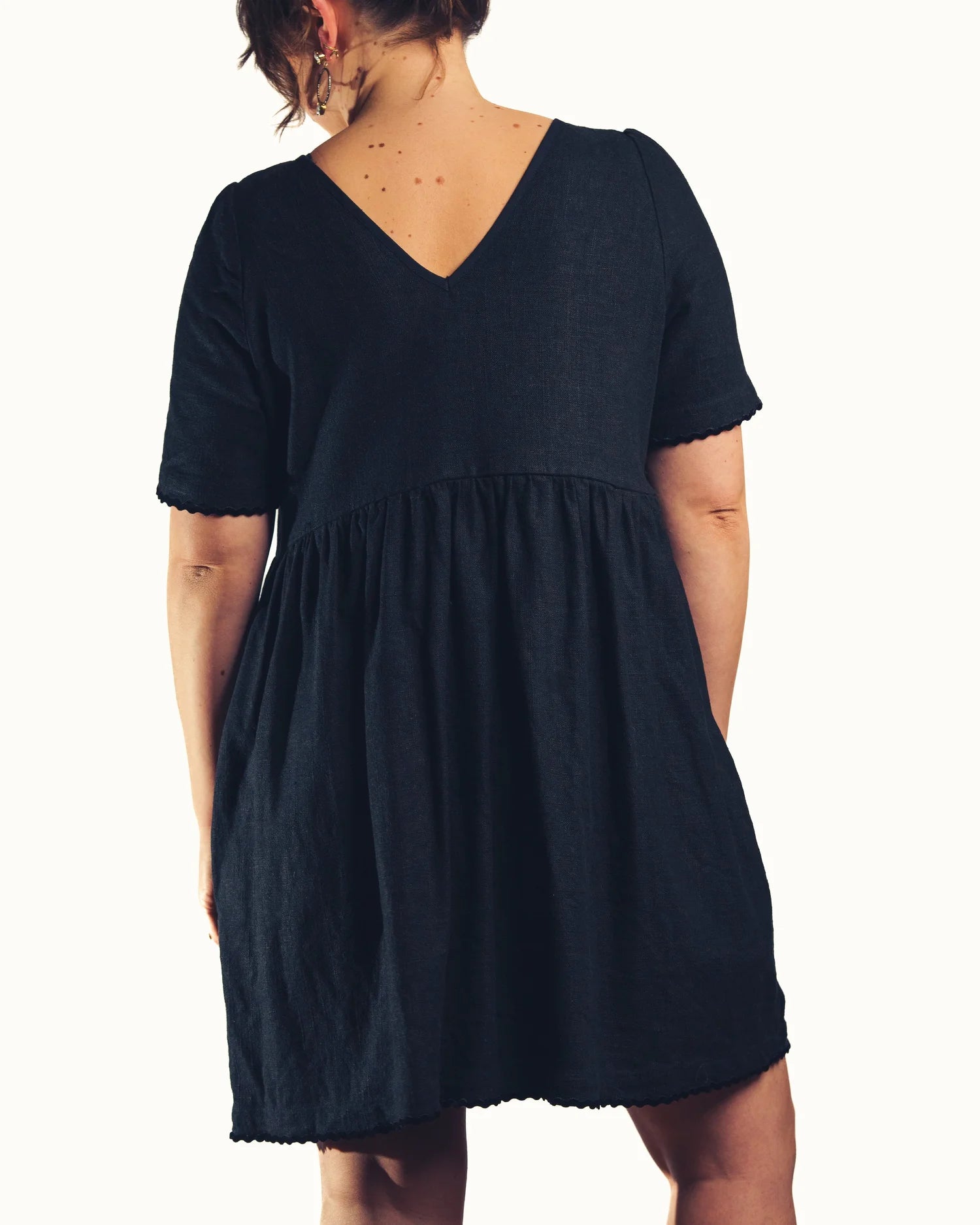 Poppy Mini Dress — V-back detail with velvet ric-rac trim, breastfeeding mini dress | Nomadic Mother | Latchette
