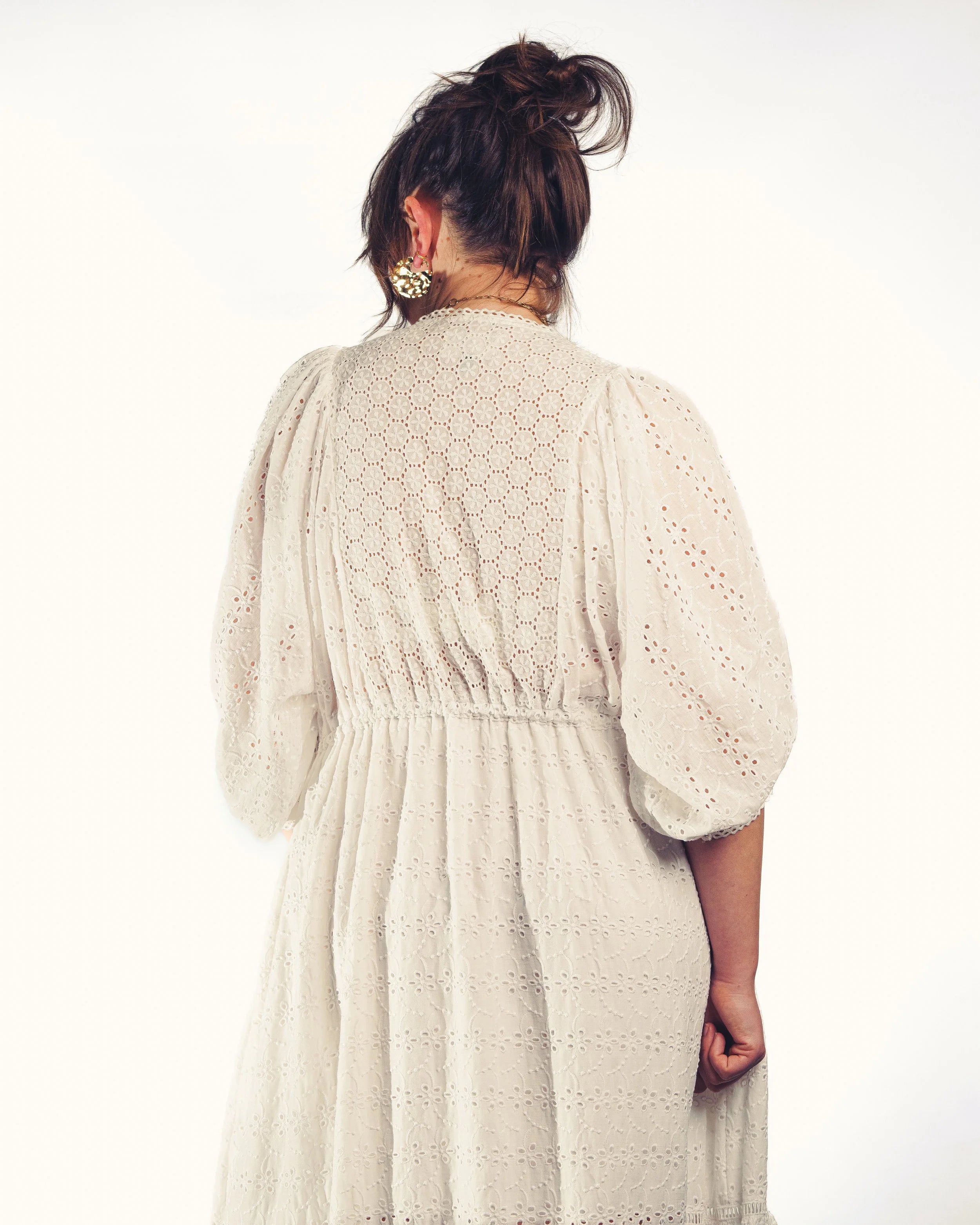 Sofia Maxi Dress white broderie — dress back details| Nomadic Mother | Latchette