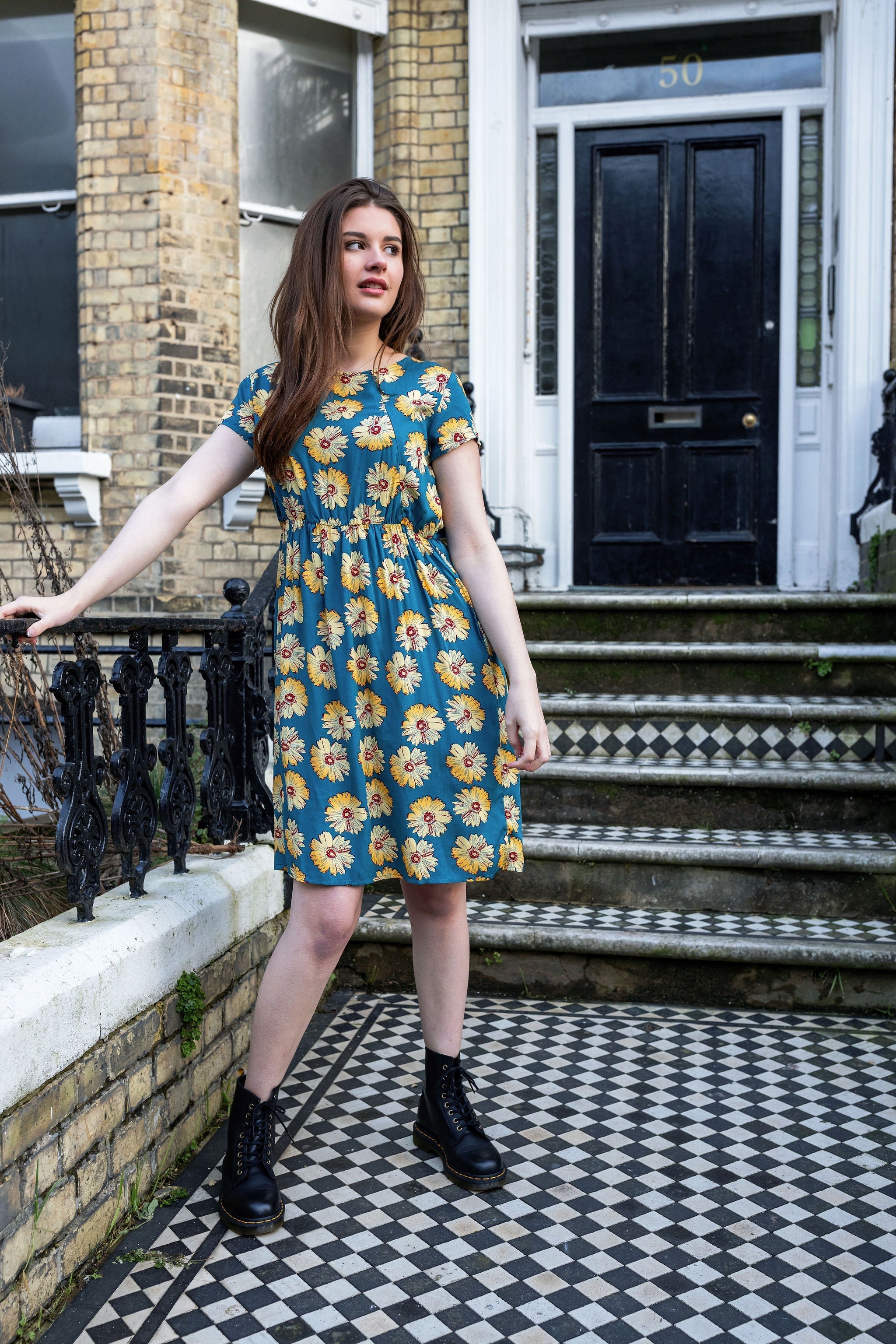 Knee Length Breastfeeding Dress - Blue Sunflower Cotton