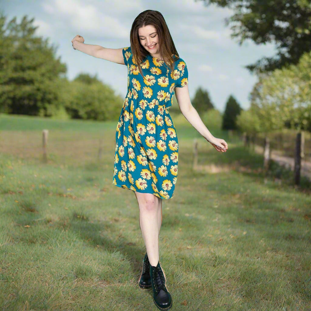 Knee Length Breastfeeding Dress - Blue Sunflower Cotton