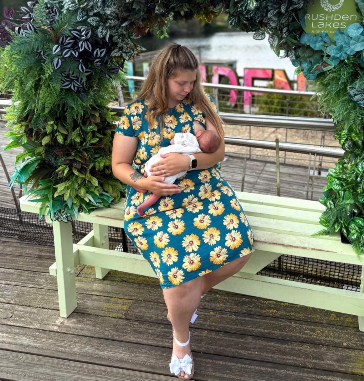 Knee Length Breastfeeding Dress - Blue Sunflower Cotton
