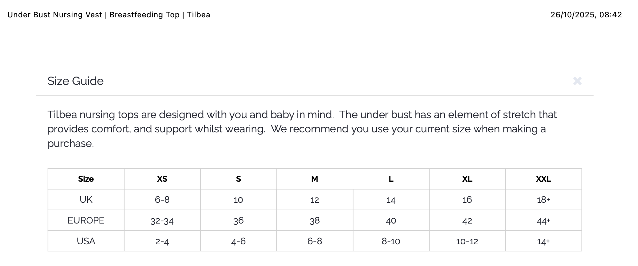 Size guide for Tilibea nursing tops with measurements in UK, EUROPE, and USA.