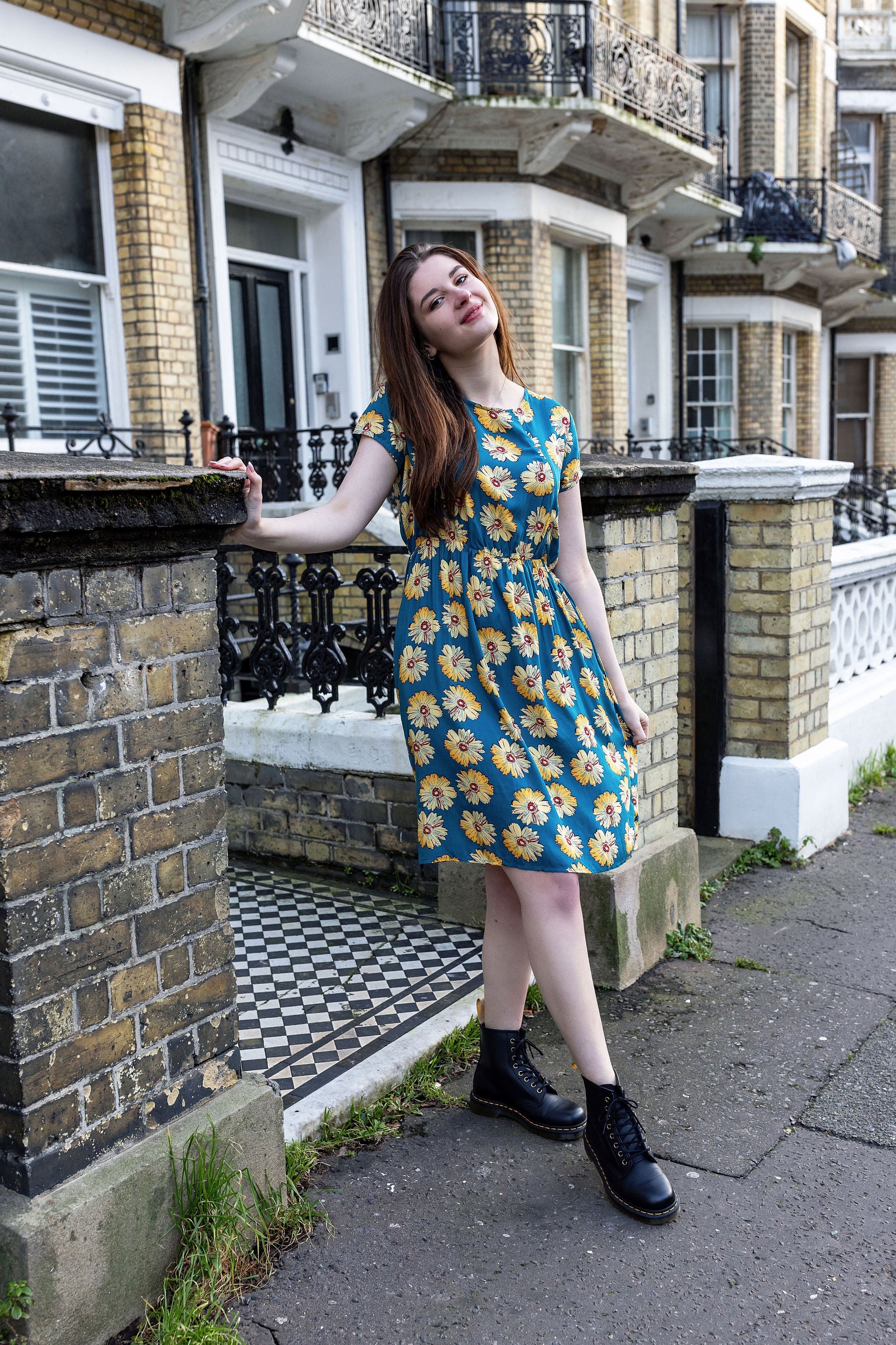 Knee Length Breastfeeding Dress - Blue Sunflower Cotton