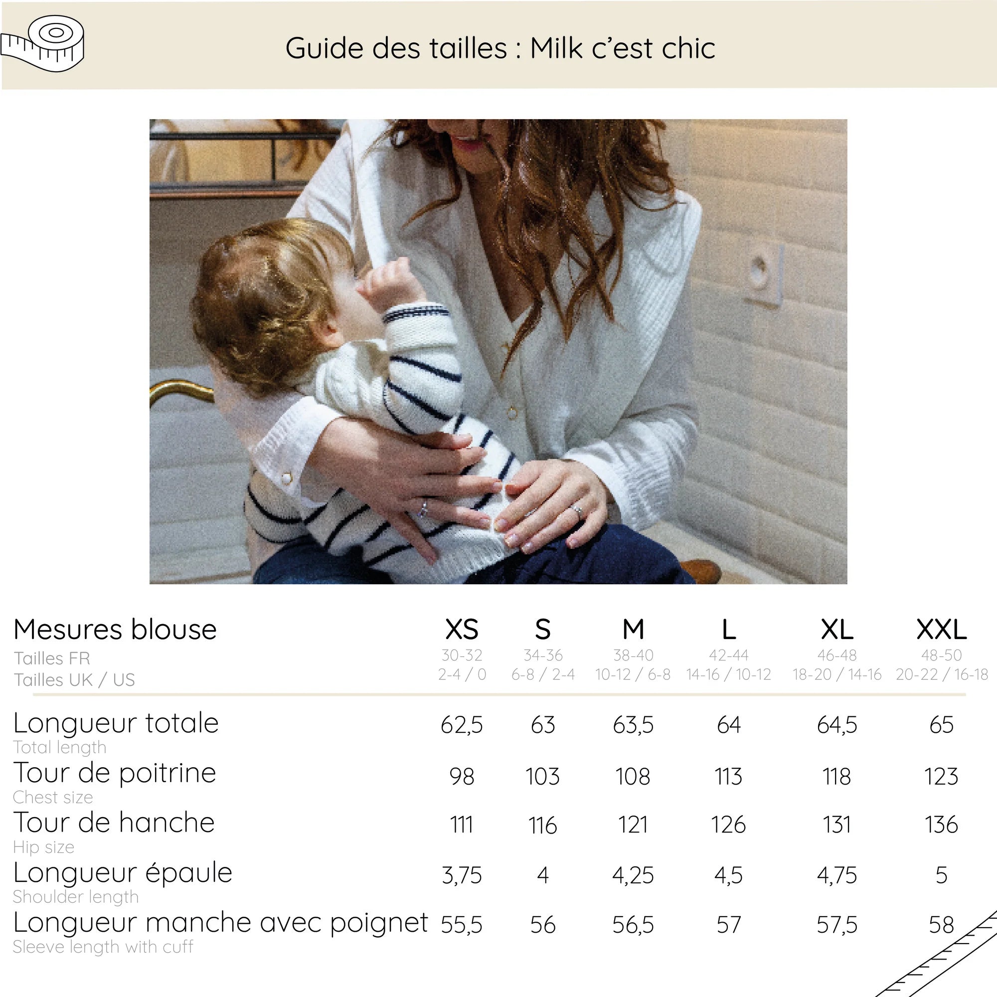 Measurement chart for clothing sizes with a woman and child, featuring text and measurement details.