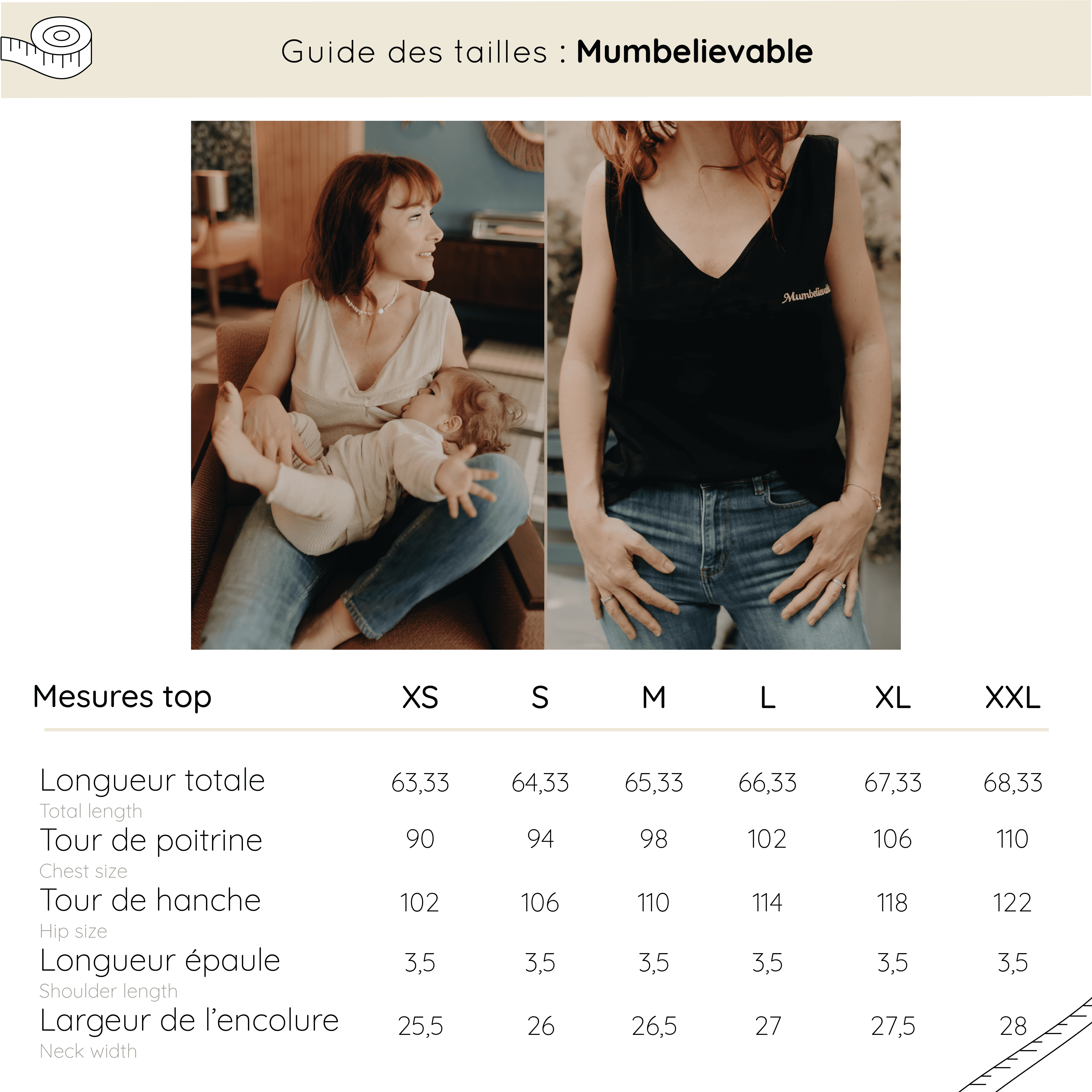 Size guide for women's clothing with measurements and images of a woman and child, and another woman wearing jeans.