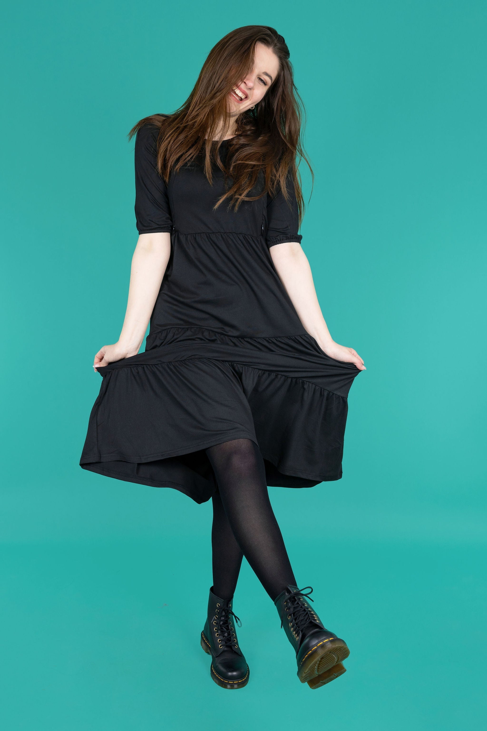 Midi Breastfeeding Dress - Beth Black Cotton