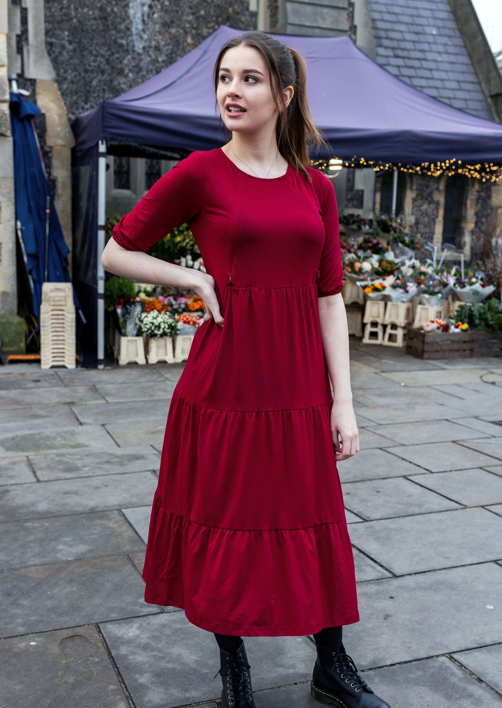Midi Breastfeeding Dress - Burgundy