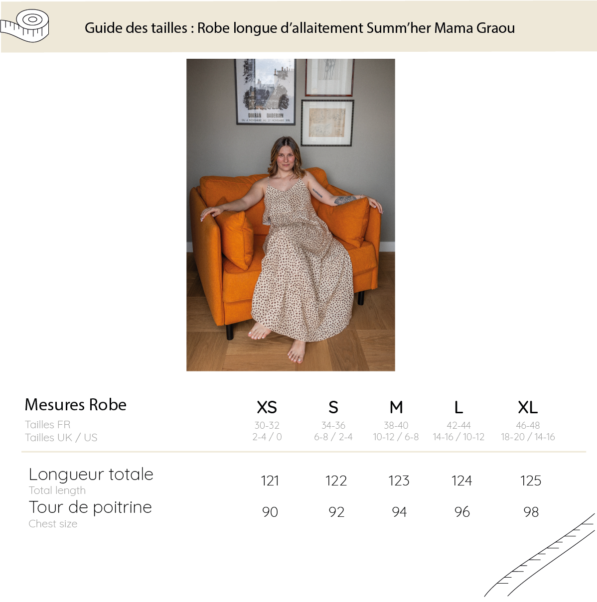 Woman sitting on an orange chair wearing a long dress with size chart below