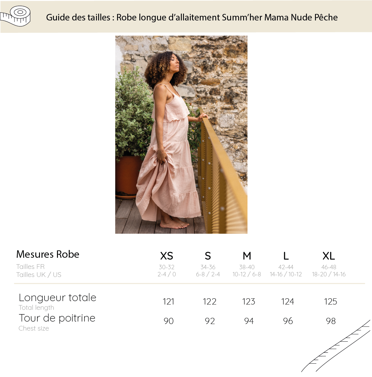 Product page for a breastfeeding dress with size chart and model wearing the dress.