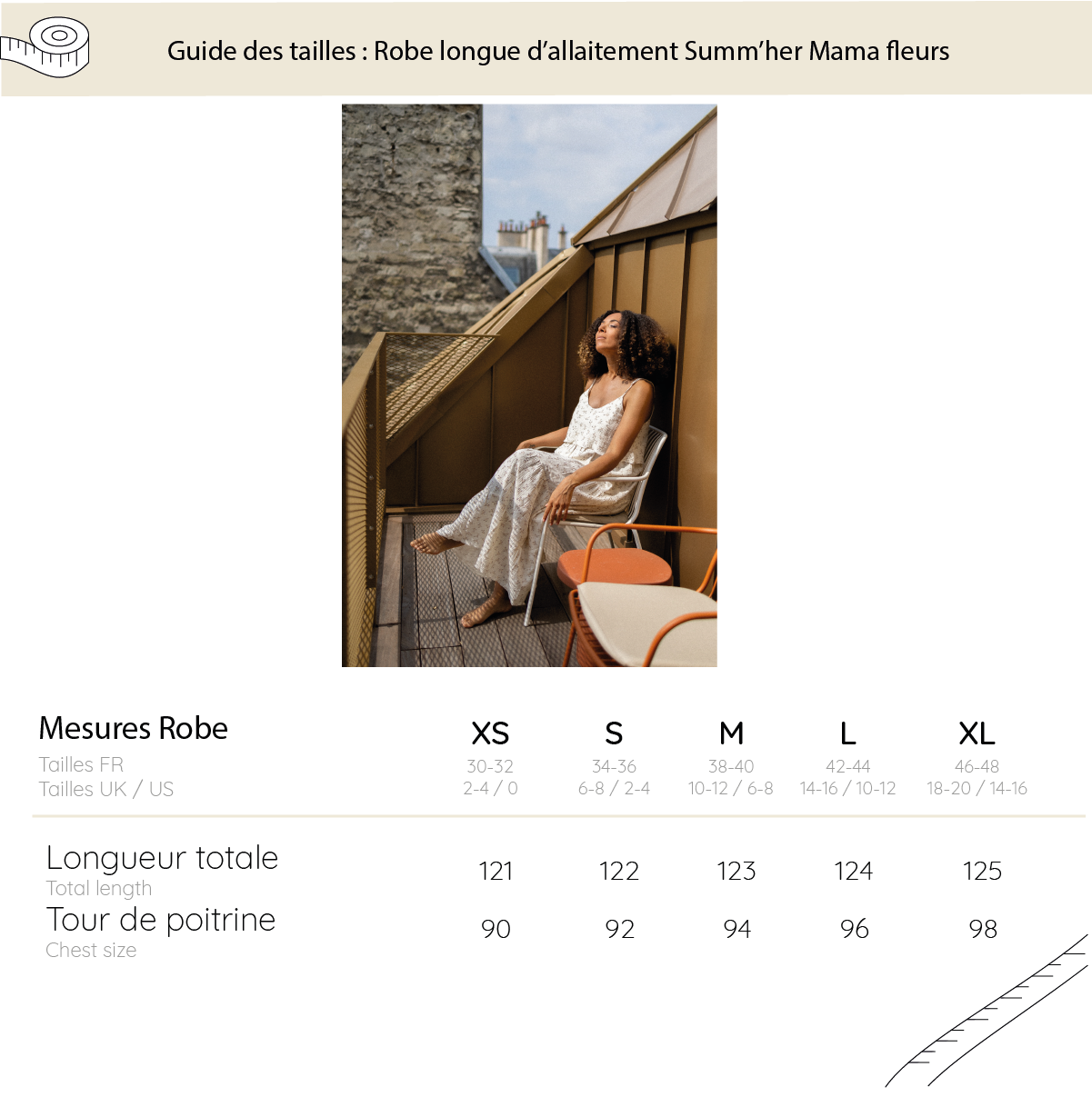 Product guide for a long breastfeeding dress with size chart and model wearing the dress on a balcony.