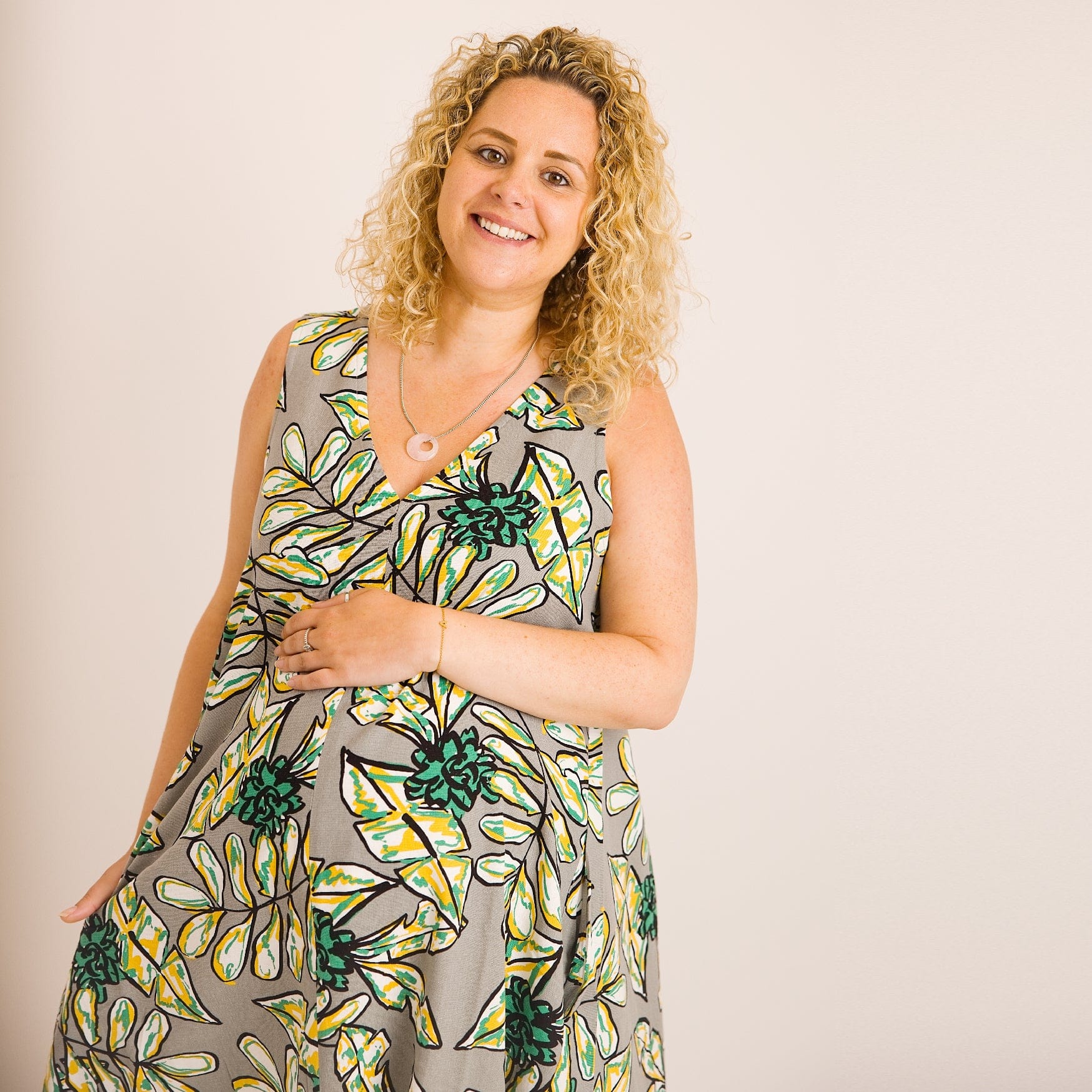 Lucy Dress - Abstract Green Printed Linen