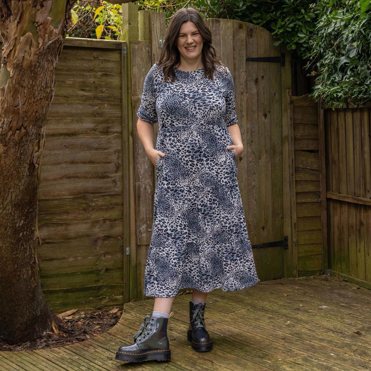 Midi Breastfeeding Dress - Grey Leopard Cotton