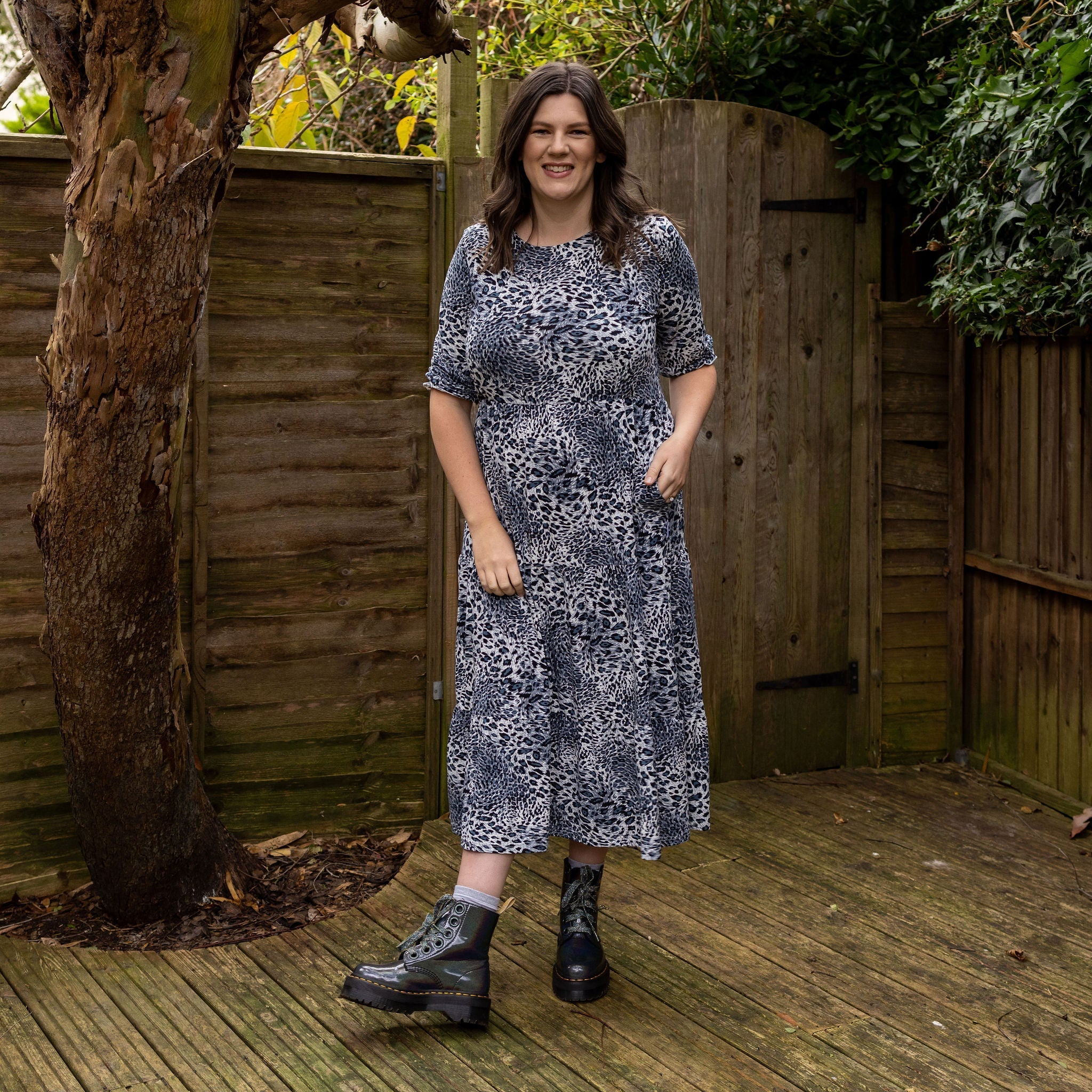 Midi Breastfeeding Dress - Grey Leopard Cotton