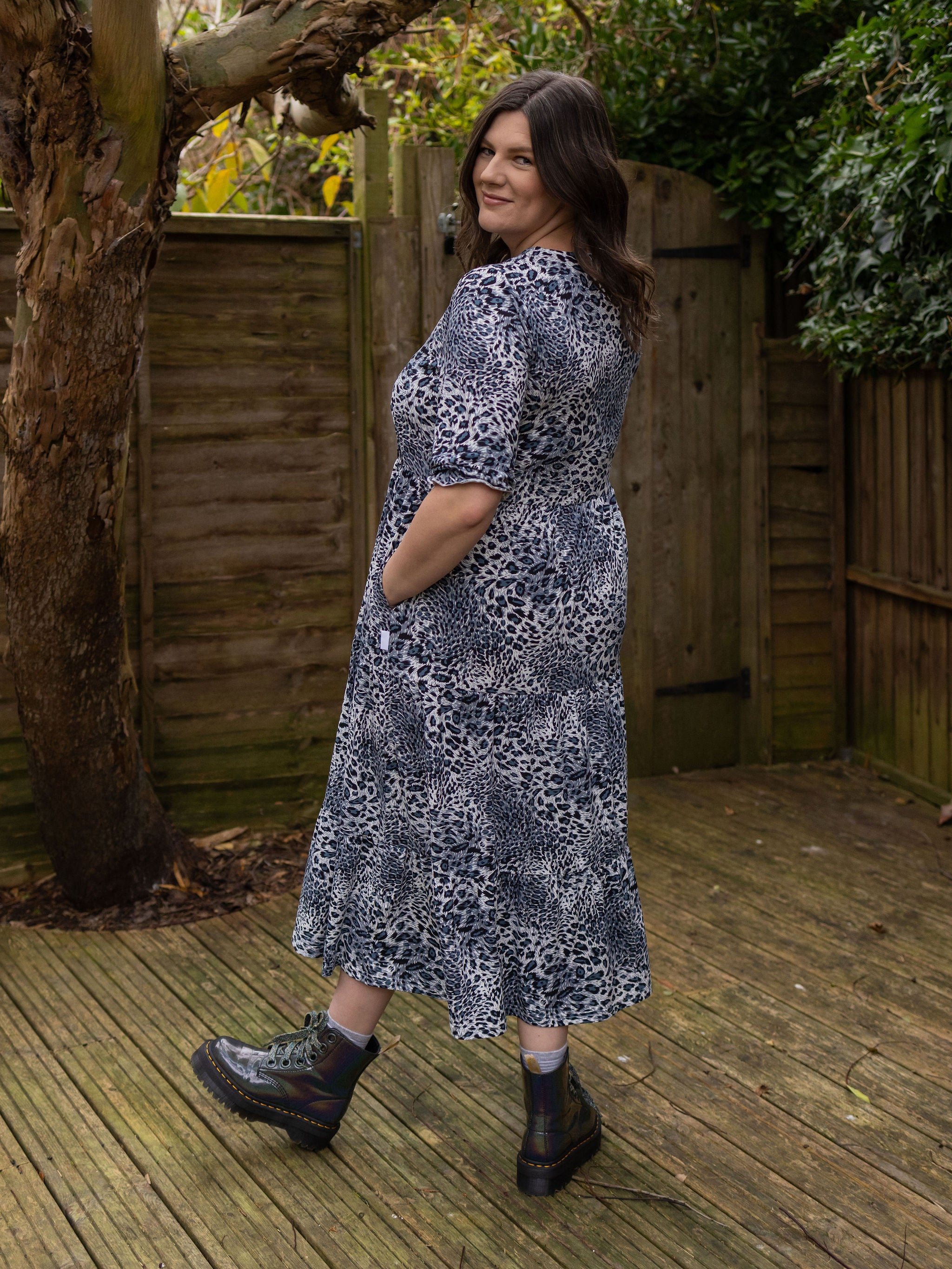 Midi Breastfeeding Dress - Grey Leopard Cotton