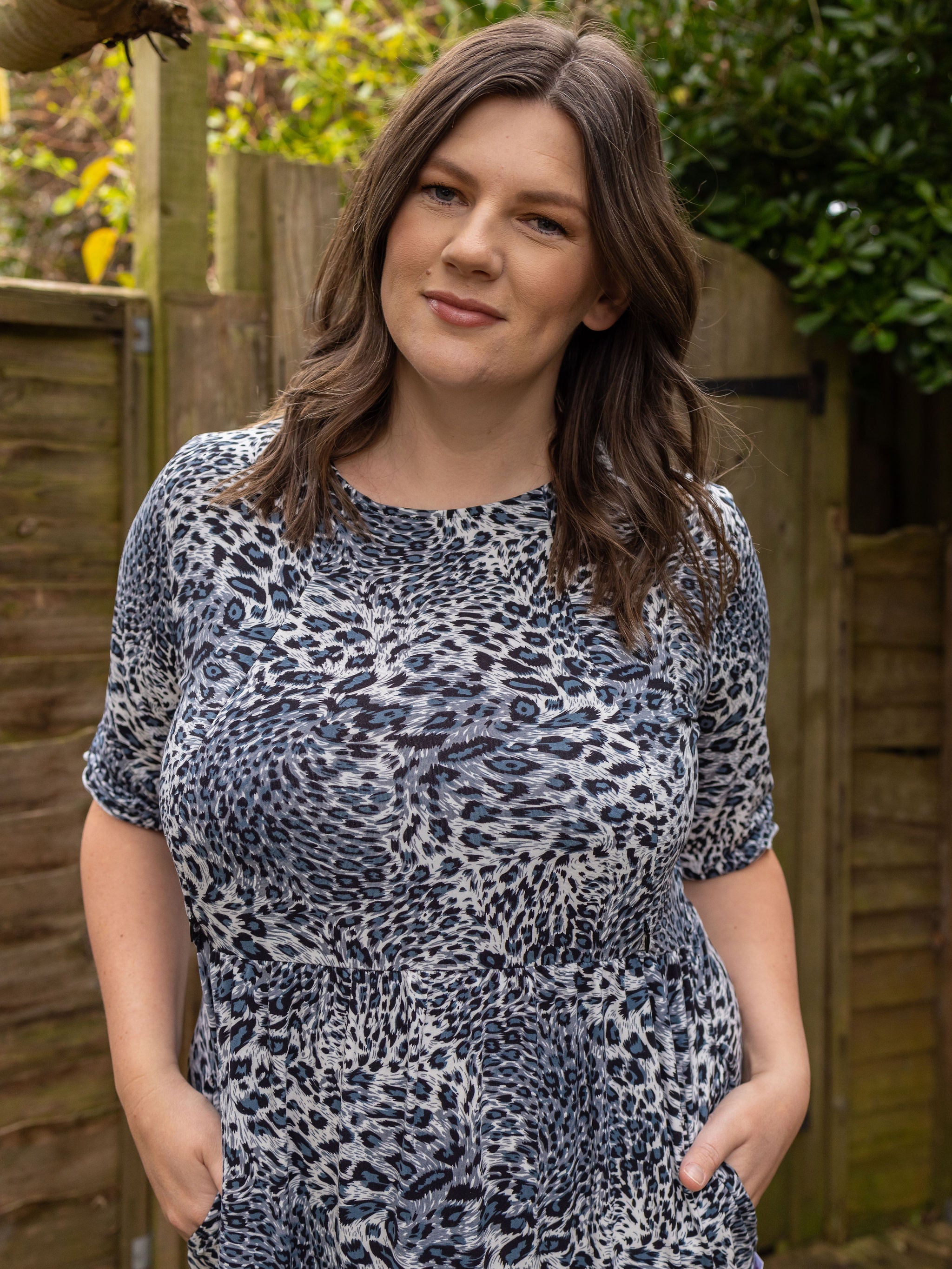 Midi Breastfeeding Dress - Grey Leopard Cotton