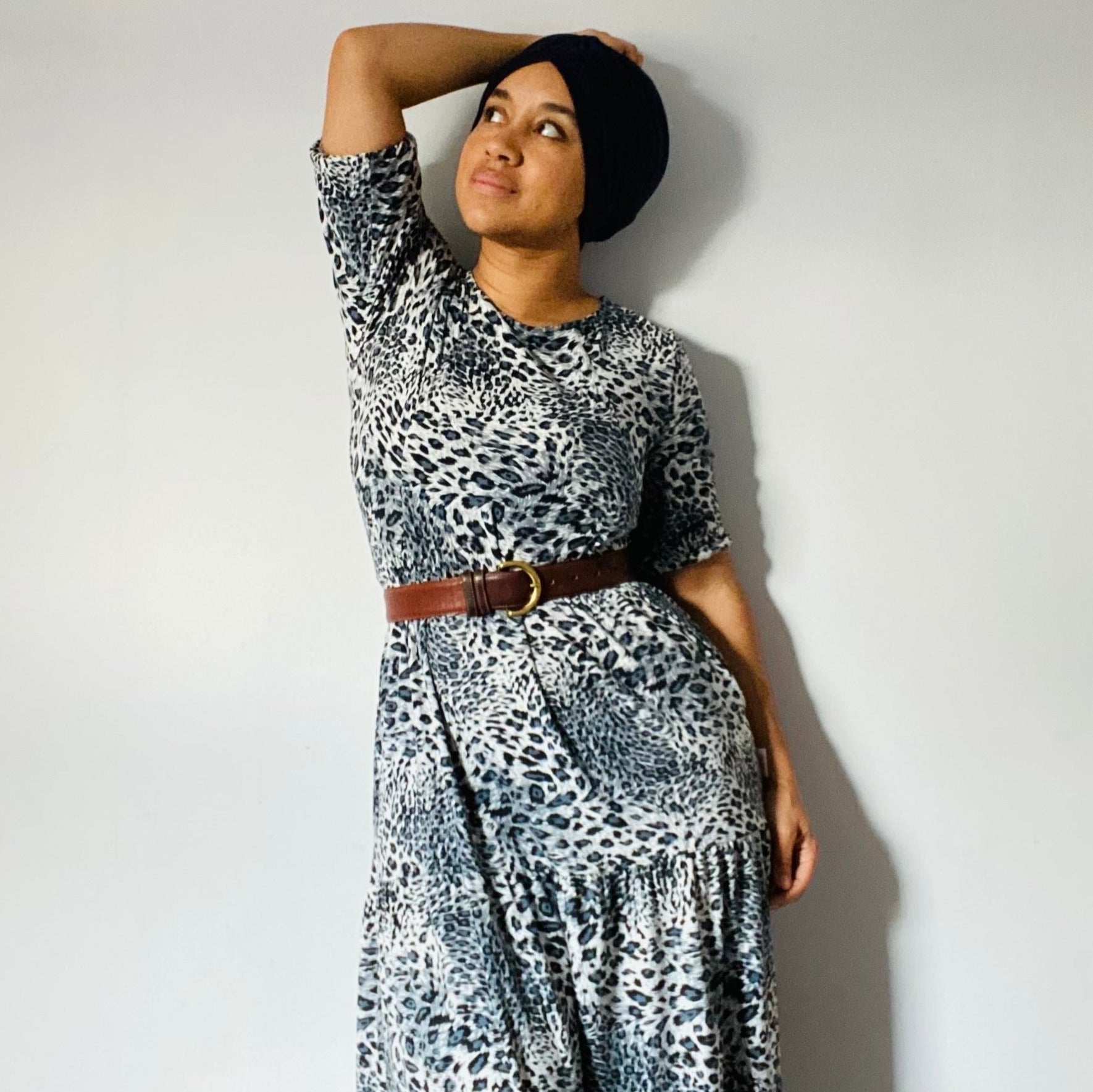 Midi Breastfeeding Dress - Grey Leopard Cotton