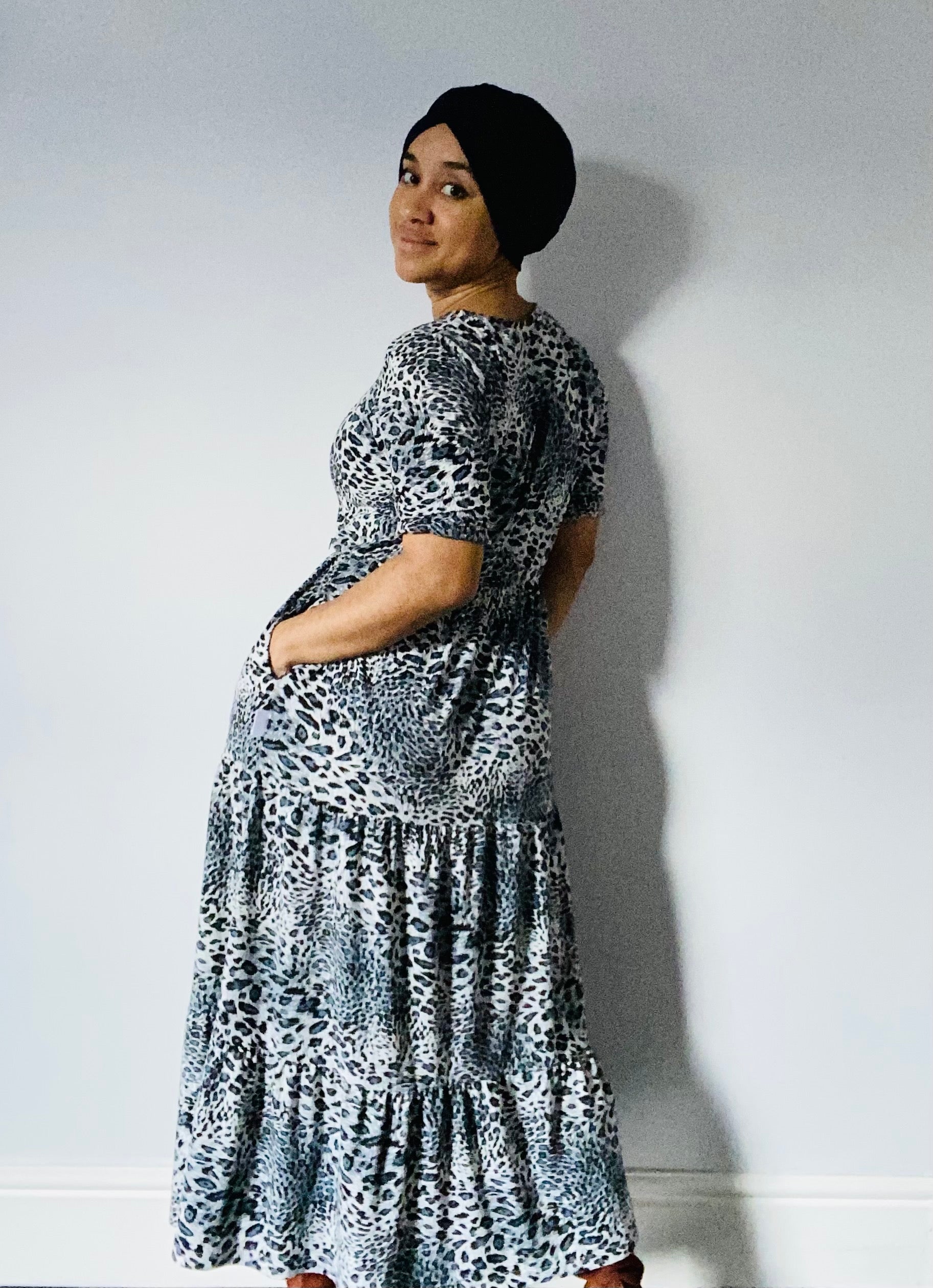 Midi Breastfeeding Dress - Grey Leopard Cotton