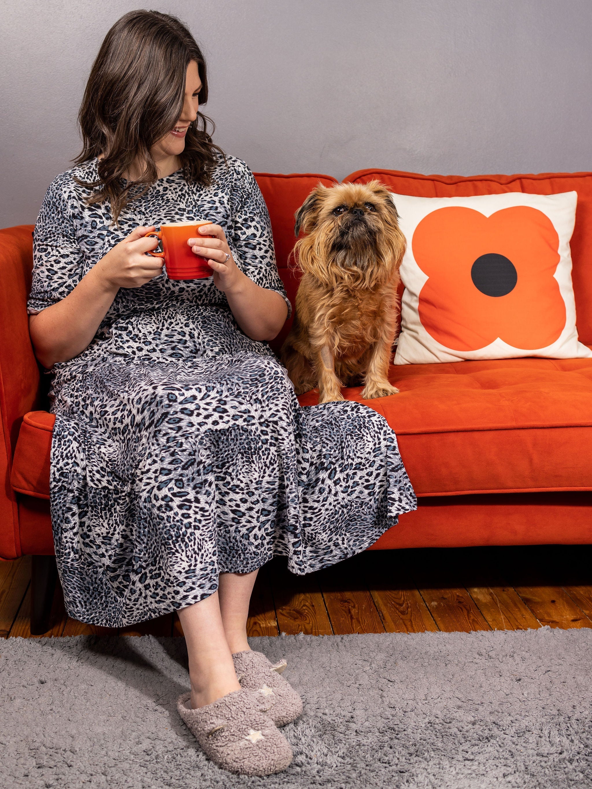 Midi Breastfeeding Dress - Grey Leopard Cotton