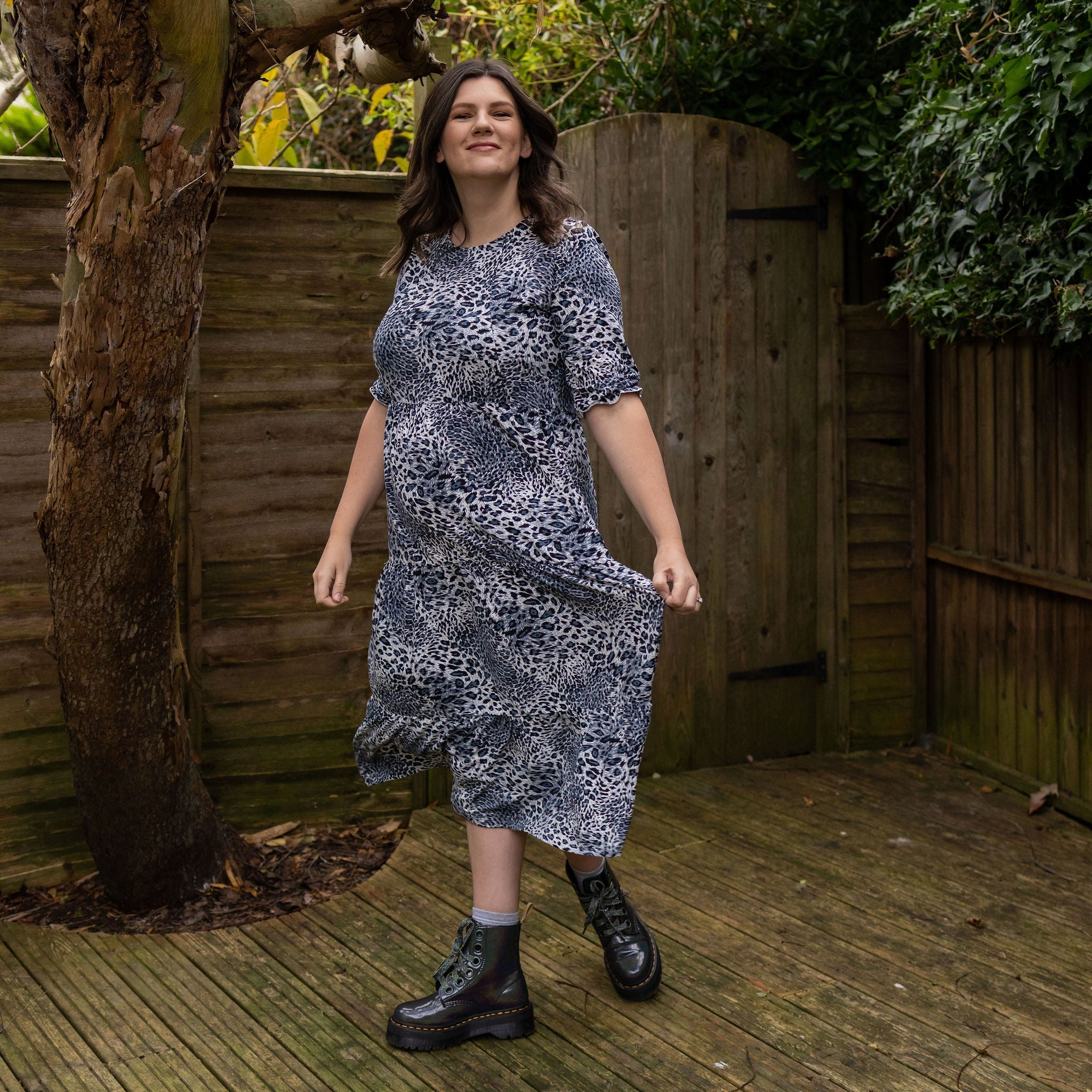 Midi Breastfeeding Dress - Grey Leopard Cotton