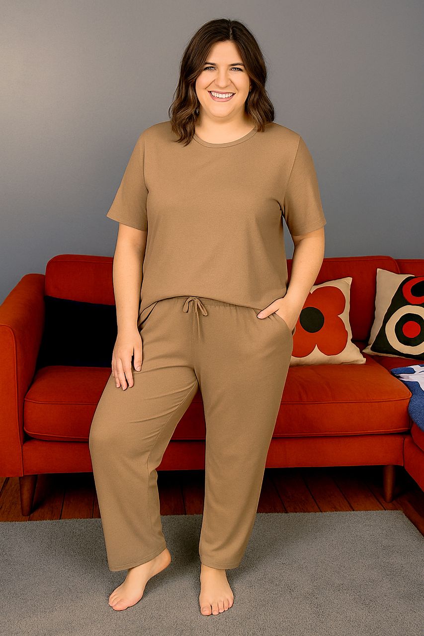 Cotton Short Sleeve Breastfeeding Loungewear - Mocha