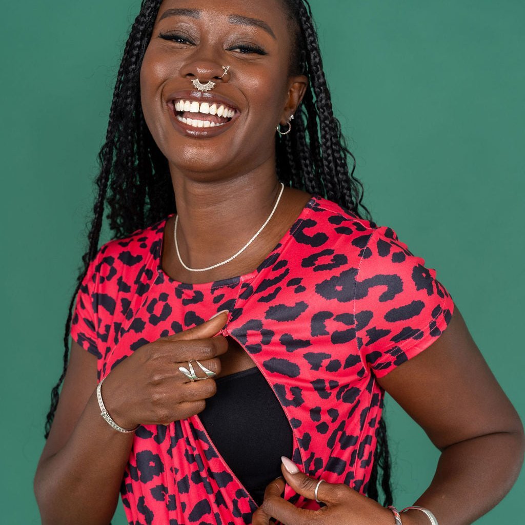 Knee Length Breastfeeding Dress - Red Leopard Print