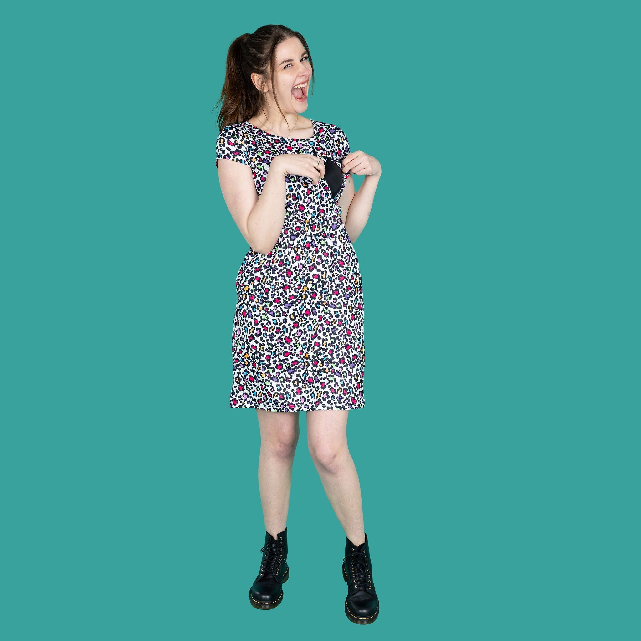 Knee Length Breastfeeding Dress - Ruby Rainbow Leopard