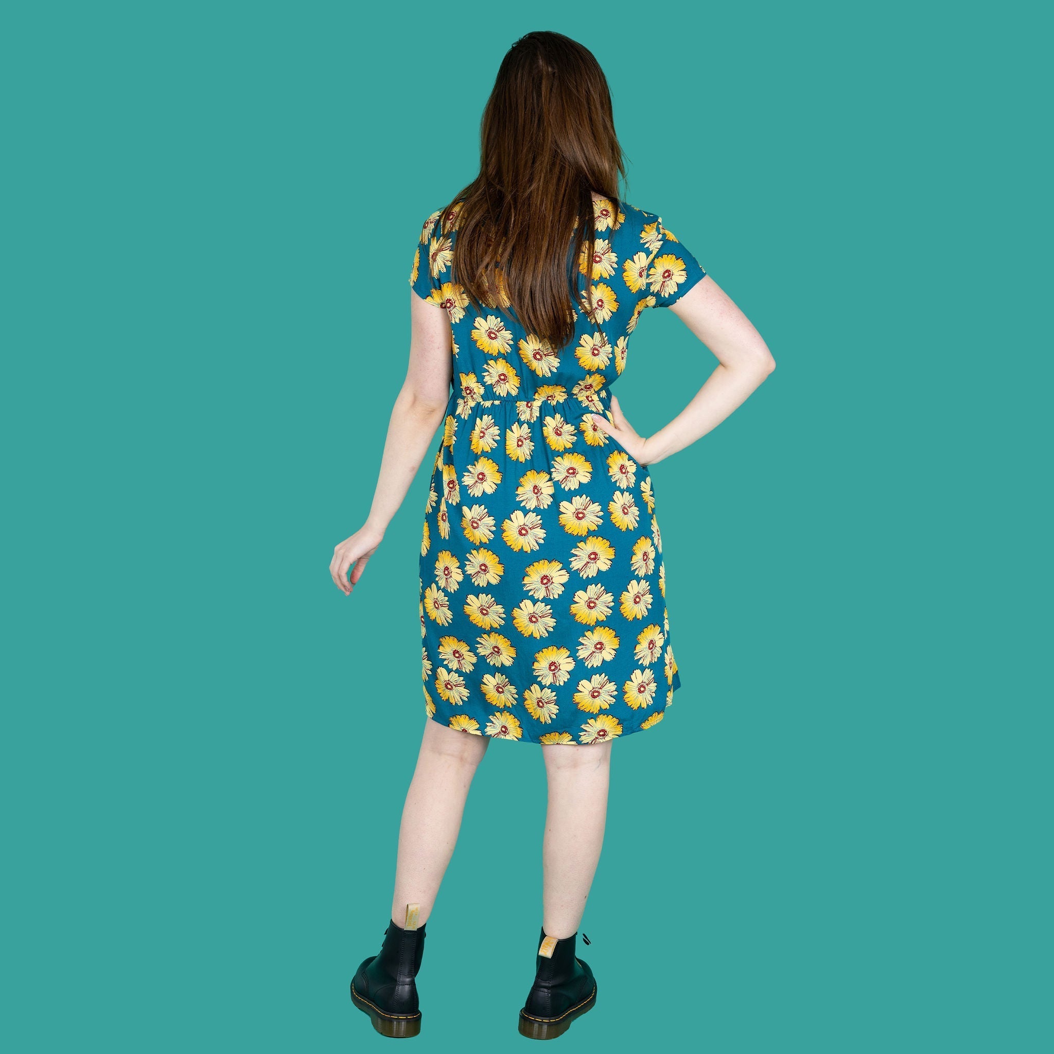 Knee Length Breastfeeding Dress - Blue Sunflower Cotton