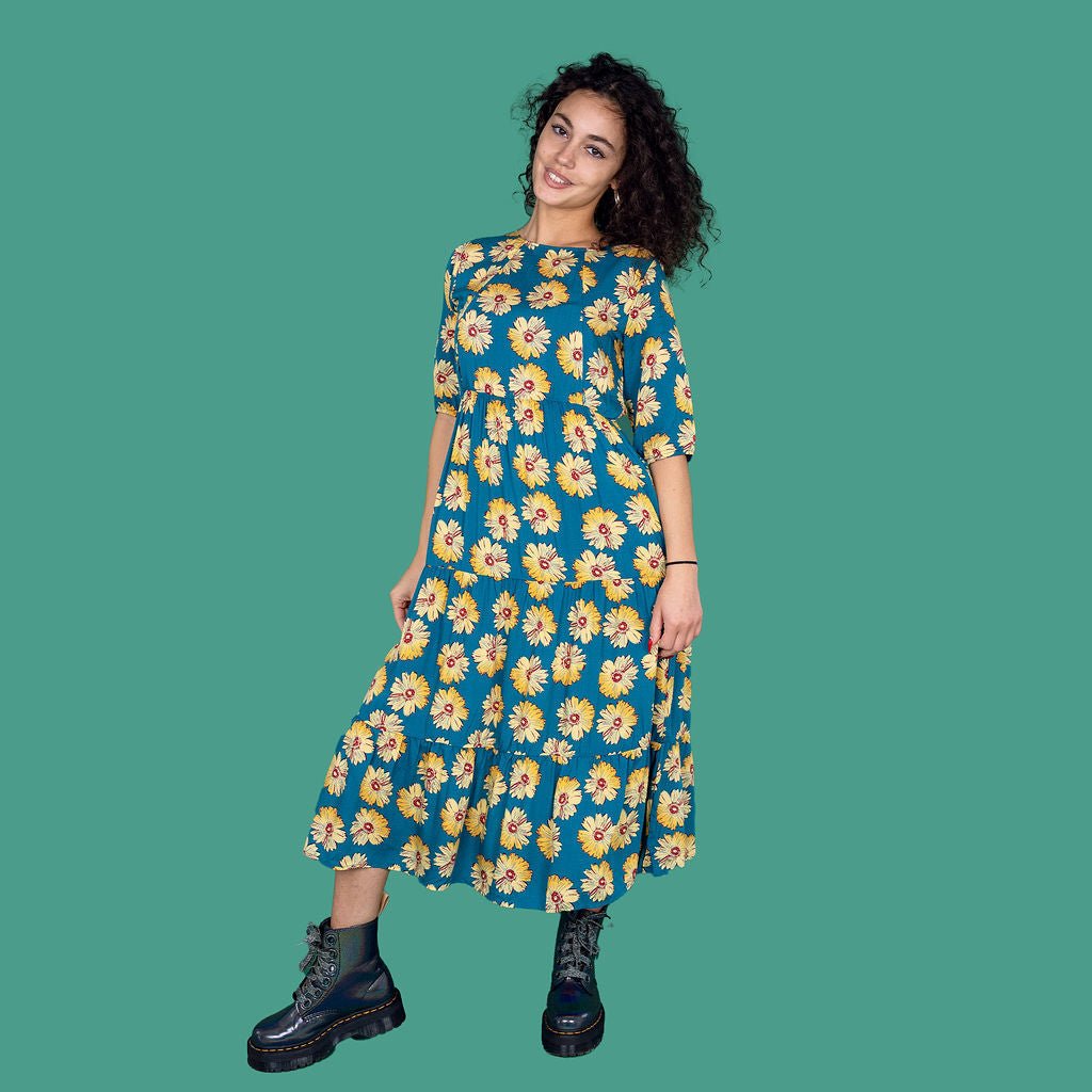 Midi Breastfeeding Dress - Blue Sunflower Cotton