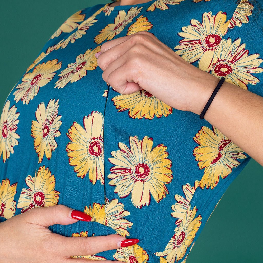 Midi Breastfeeding Dress - Blue Sunflower Cotton