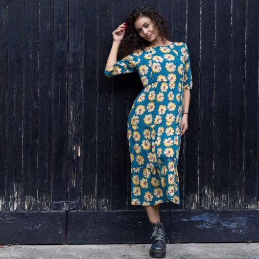 Midi Breastfeeding Dress - Blue Sunflower Cotton