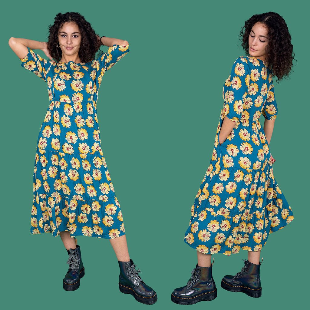 Midi Breastfeeding Dress - Blue Sunflower Cotton