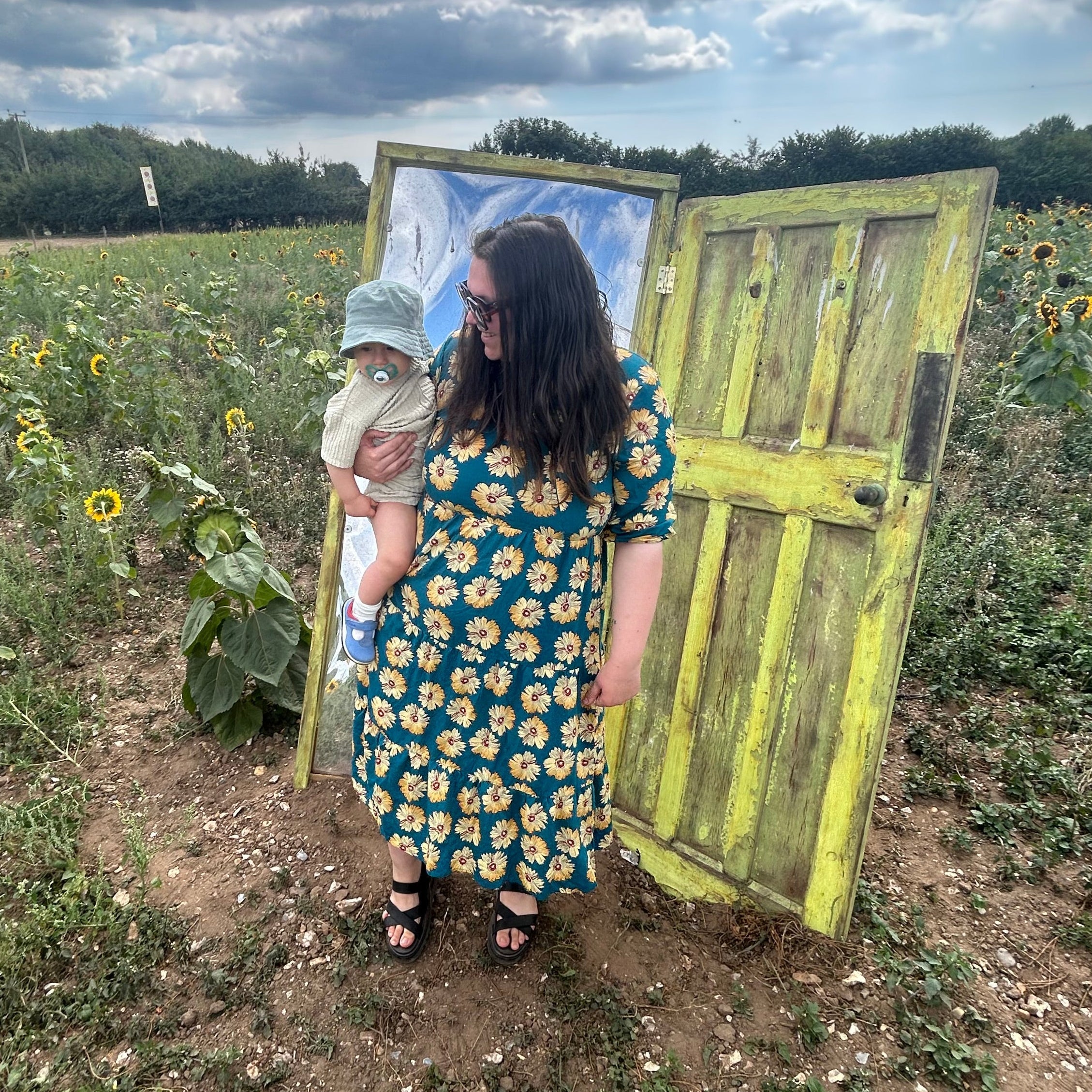 Midi Breastfeeding Dress - Blue Sunflower Cotton