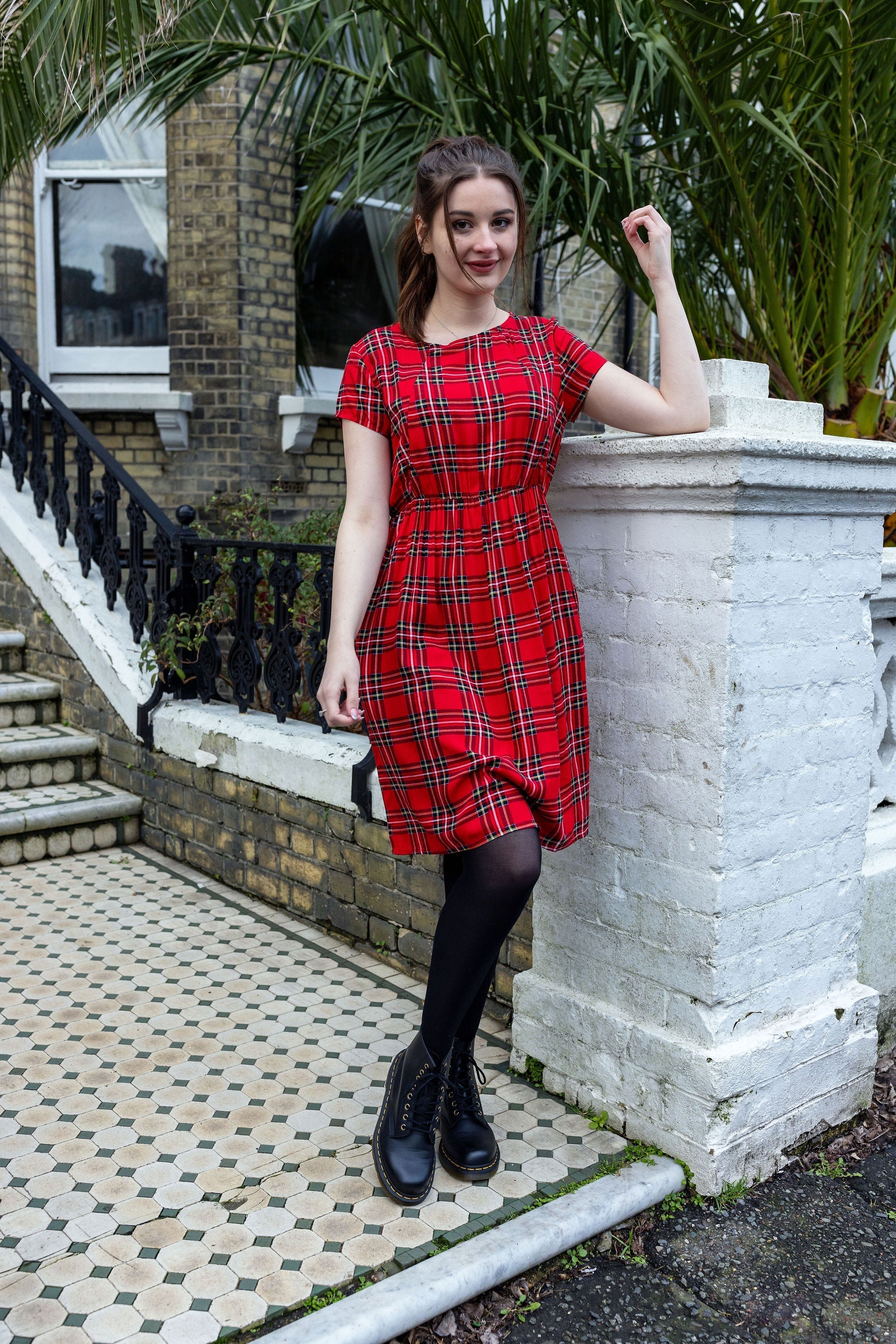 Knee Length Breastfeeding Dress - Red Tartan Cotton