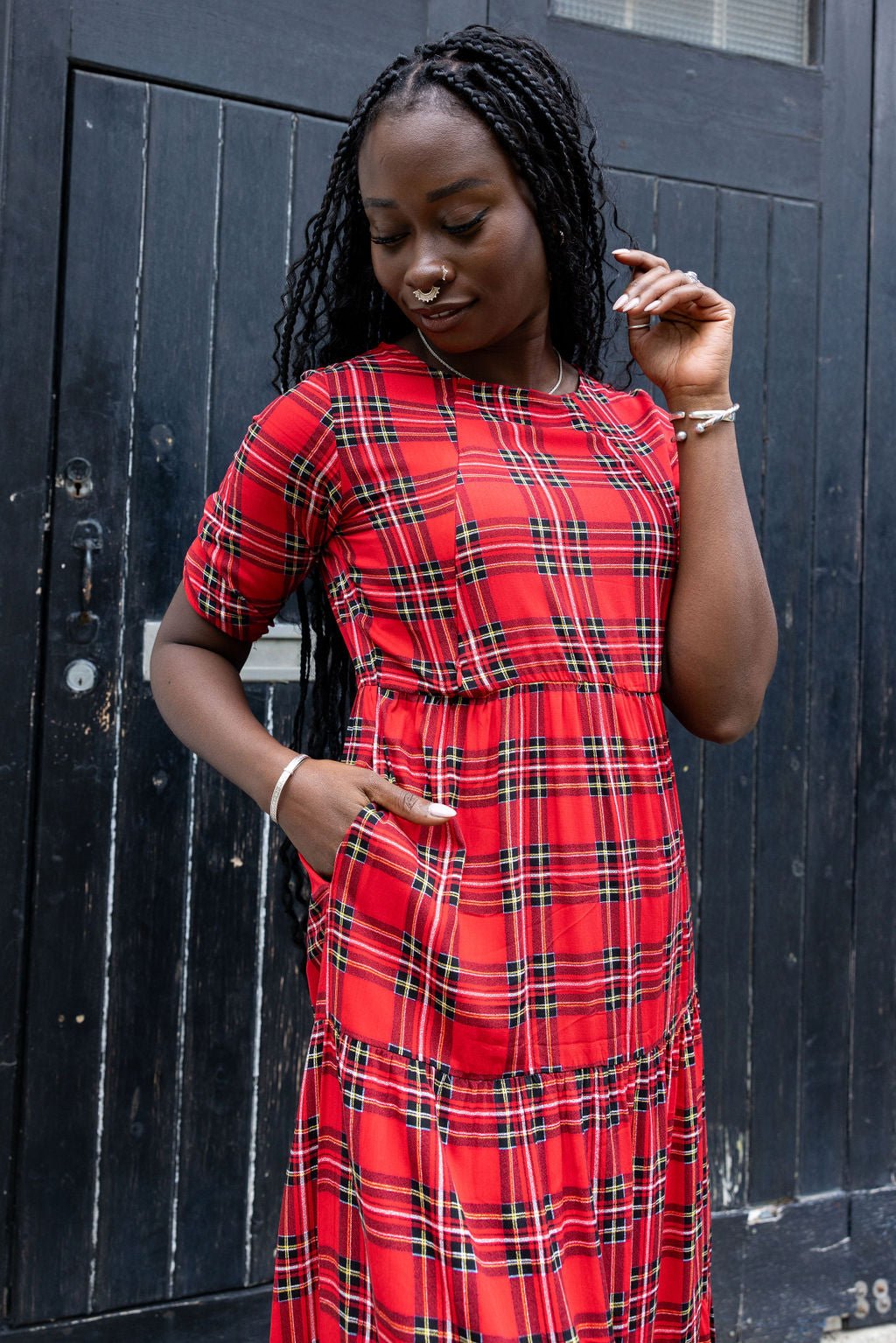 Midi Breastfeeding Dress - Red Tartan Cotton