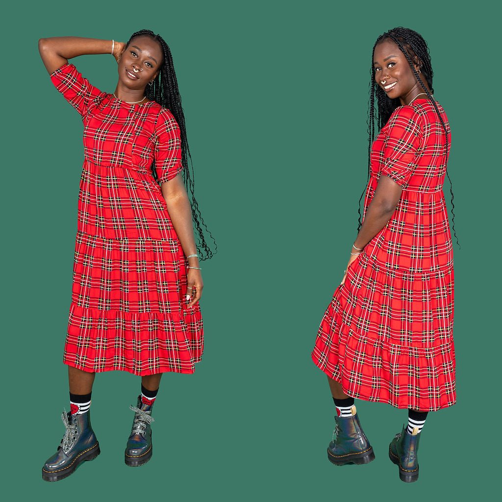 Midi Breastfeeding Dress - Red Tartan Cotton