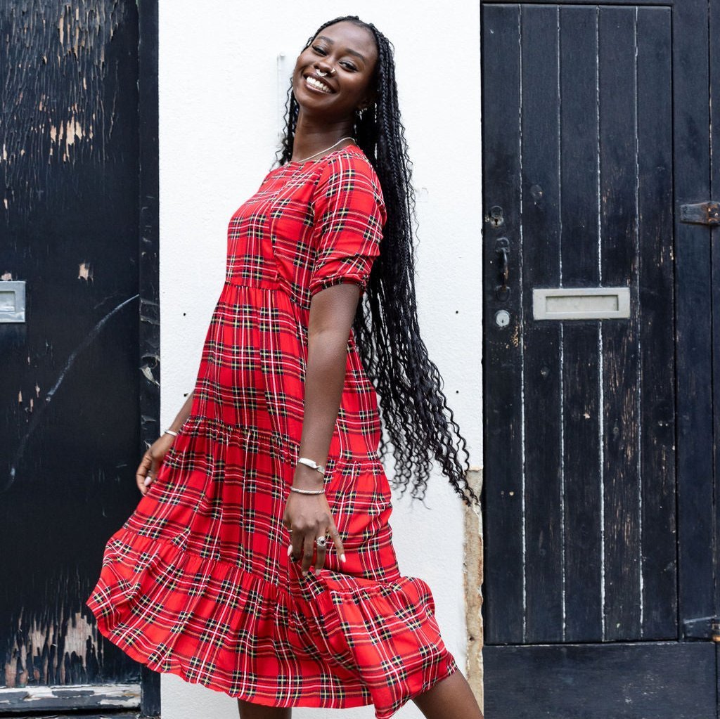 Midi Breastfeeding Dress - Red Tartan Cotton