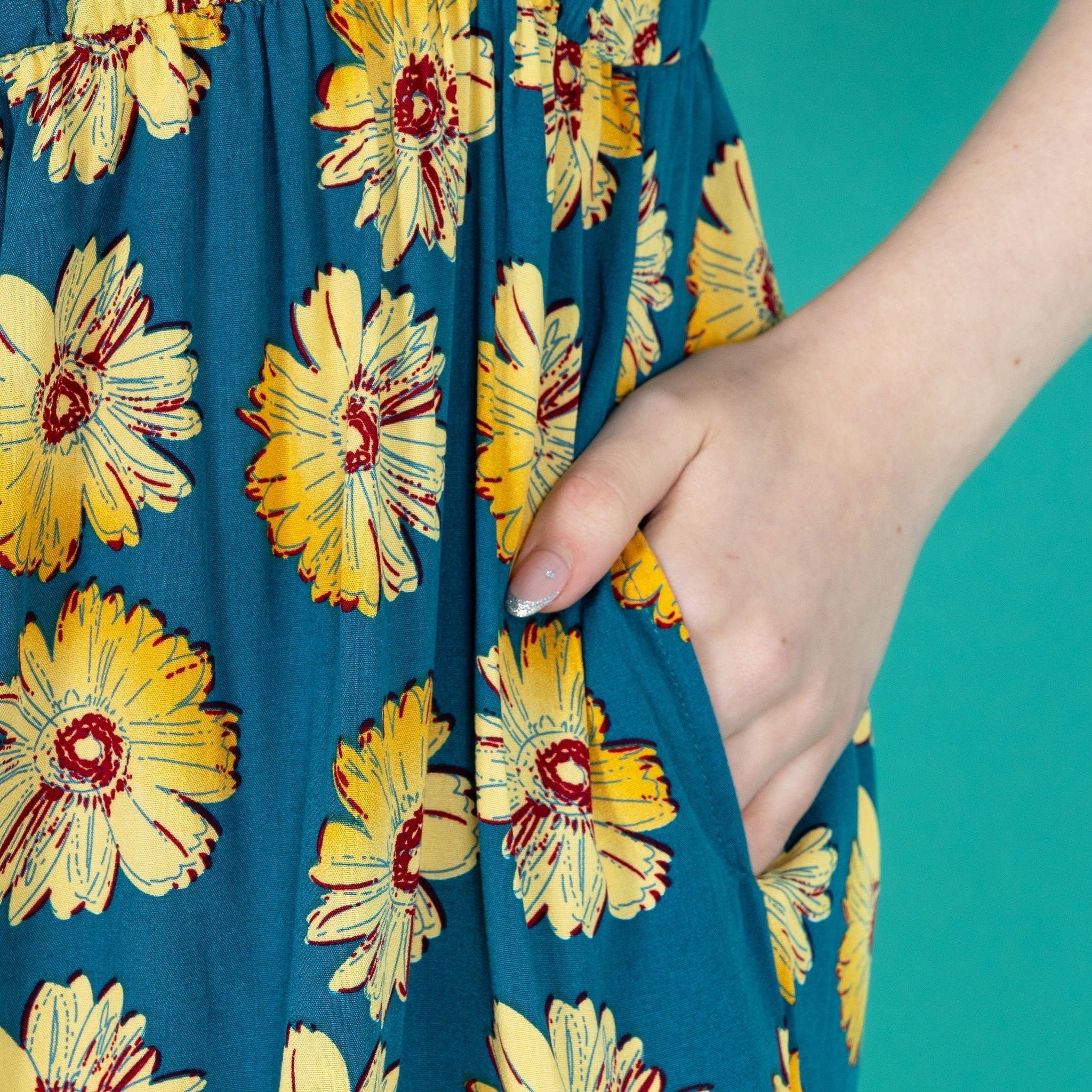 Knee Length Breastfeeding Dress - Blue Sunflower Cotton