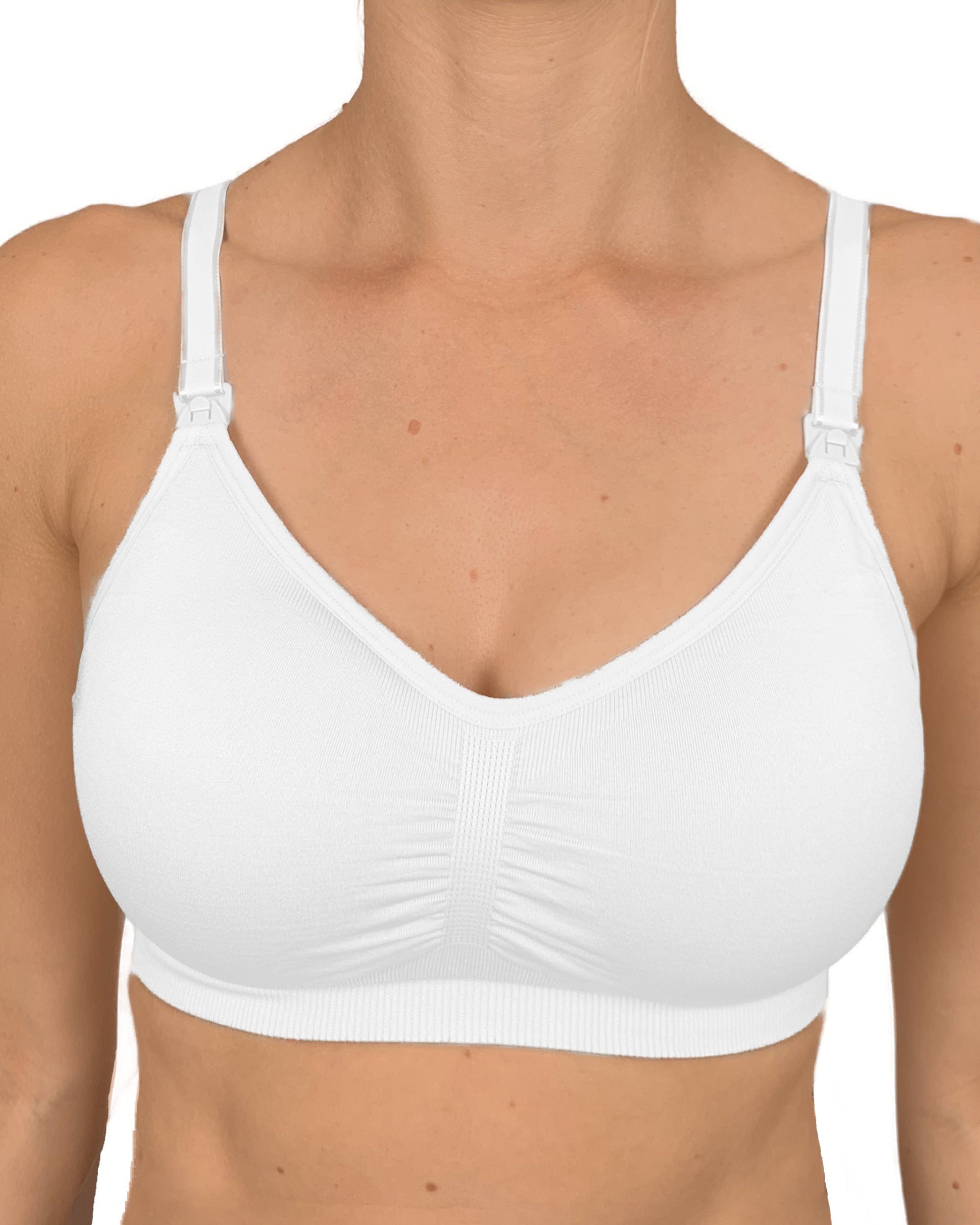 Beige nursing bra worn by a model on a white background